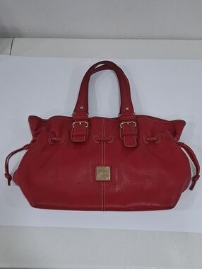 Dooney & Bourke Red Pebbled Leather Shoulder Tote Bag with Buckle Straps